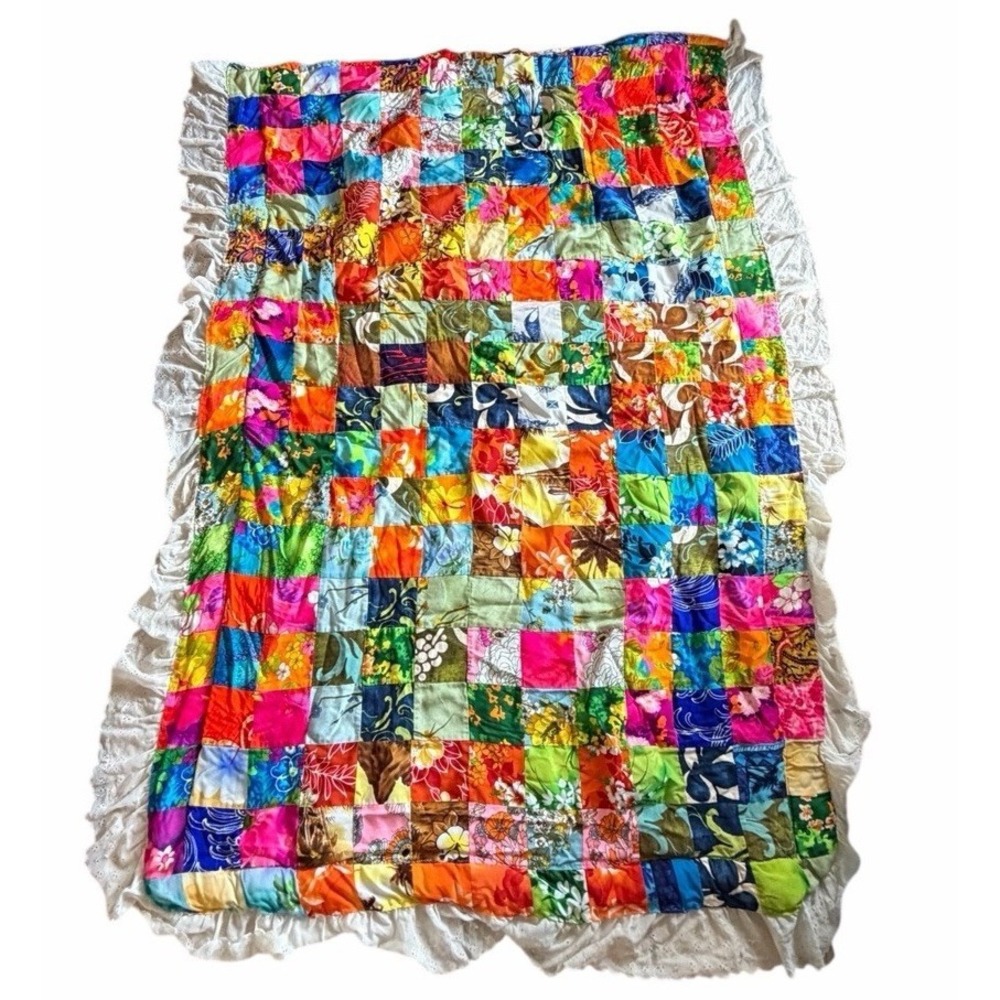Vtg Barkcloth 60s Hawaiian Handmade Crazy Quilt stitched Double sided 72" X 48"
